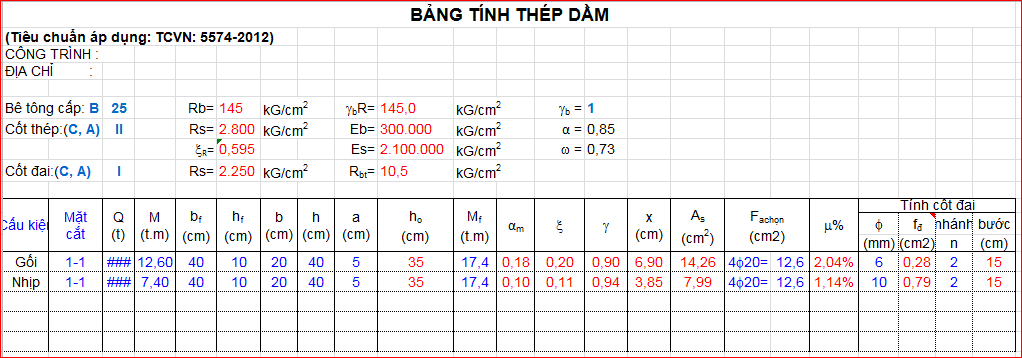 [Bảng tính] File Excel bảng tính cốt thép Dầm Sàn theo TCVN 5574-2012