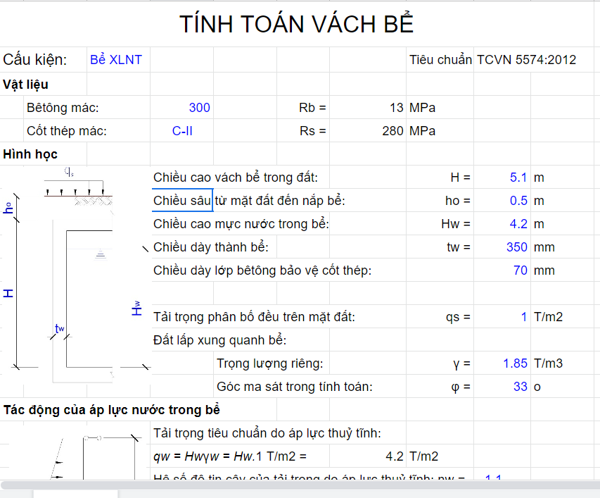 Bảng tính toán vách bể theo TTGH1 và TTGH2